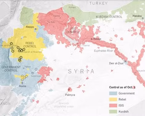 Khu vực các lực lượng kiểm soát ở Syria: màu hồng của IS, màu xanh lá của người Kurd, màu vàng của phe nổi dậy, màu xanh da trời của chính phủ Syria. Đồ họa: NewYorkTimes.