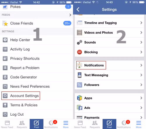 Người dùng truy cập vào ứng dụng Facebook, nhấn vào More ở góc dưới cùng bên phải và chọn Account Settings. Sau đó, chọn tiếp mục thông báo Notifications.