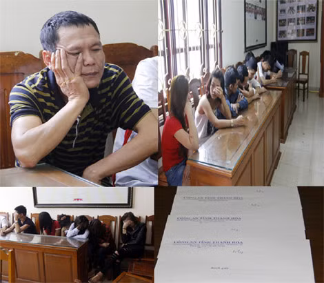13 đối tượng sử dụng thuốc lắc (Tên Phước ngồi bên trái) và tang vật thu được.