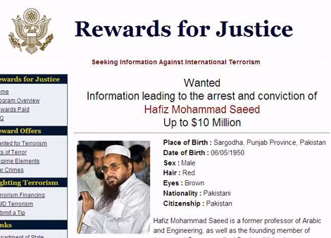 “Rewards for Justice” treo giải thưởng 10 triệu USD để bắt giữ Hafiz Saeed.