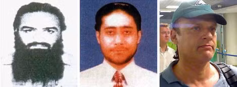 Từ trái qua phải: Zarrar Shah, Sajid Mir và David Coleman Headley, đồng phạm vạch kế hoạch khủng bố. Headley đã bị bắt tại Chicago vào năm 2009. Từ trái qua phải: Zarrar Shah, Sajid Mir và David Coleman Headley, đồng phạm vạch kế hoạch khủng bố. Headley đã bị bắt tại Chicago vào năm 2009.