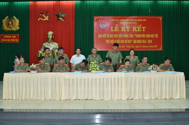 Các đơn vị ký giao ước thi đua thực hiện phong trào "Thanh niên CAND học tập, thực hiện 6 điều Bác Hồ dạy" giai đoạn 2016-2018.