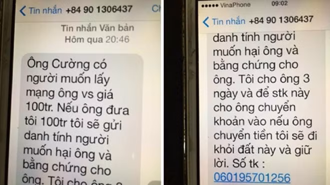 Nội dung tin nhắn đe doạ tống tiền