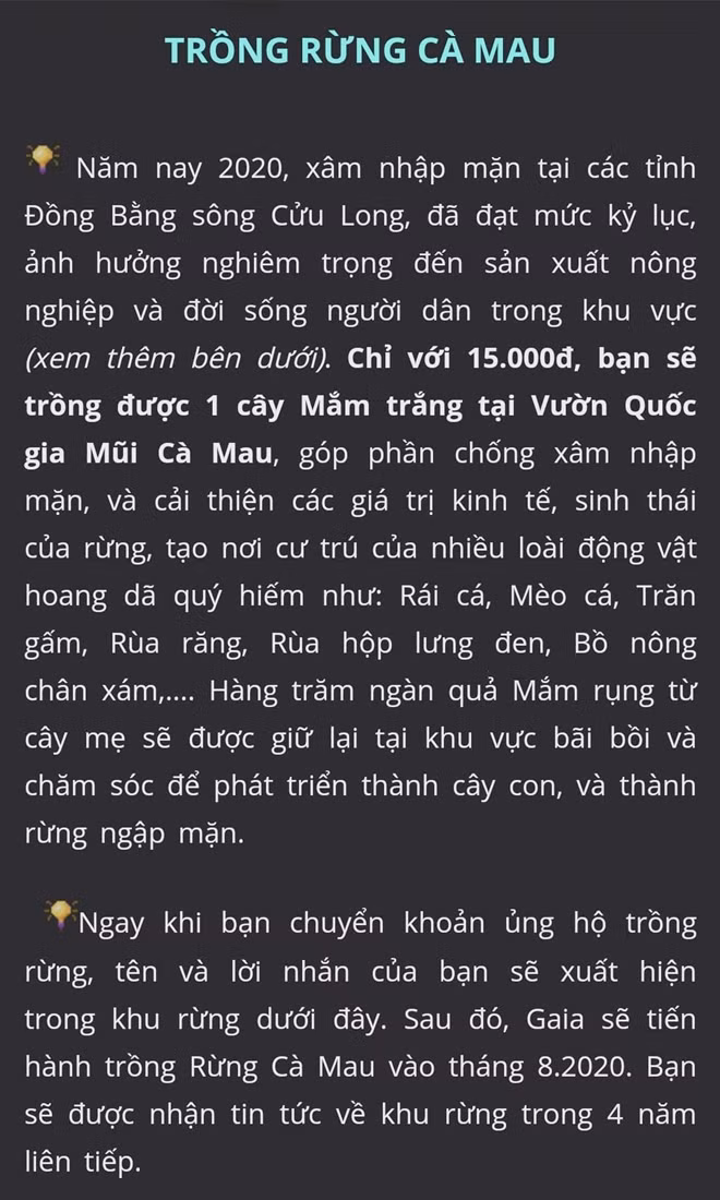 Thông tin kêu gọi ủng hộ trồng rừng ngập mặn ở Cà Mau.