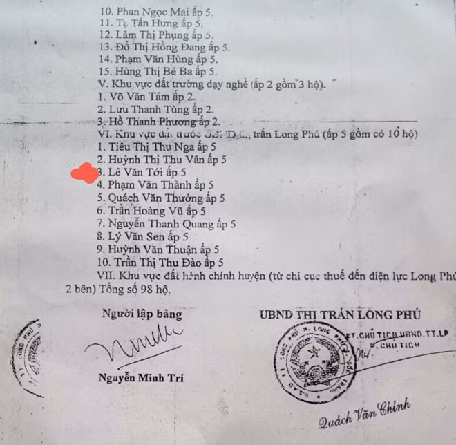 Thống kê của chính quyền địa phương những hộ lấn chiếm đất công trong đó có ông Lê Văn Tới.