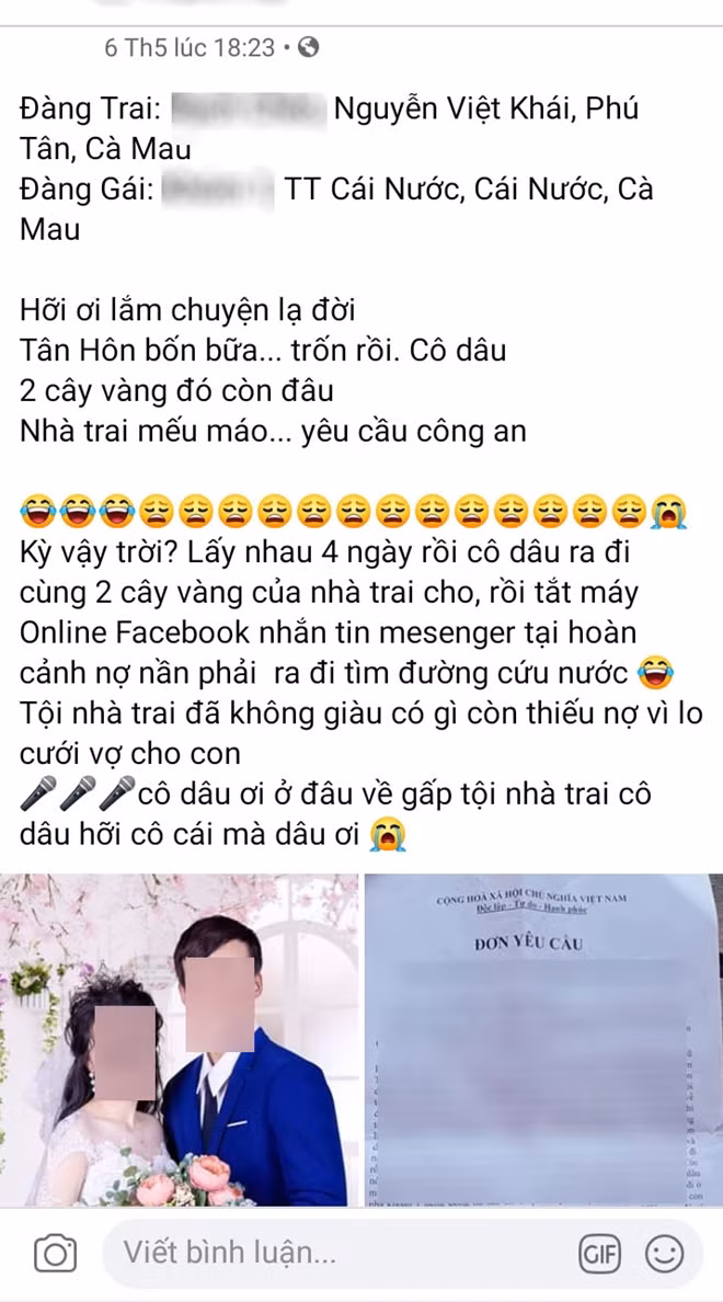 Việc chị T. mang 2 lượng vàng bỏ nhà đi sau 4 ngày cưới, gây xôn xao dư luận địa phương.