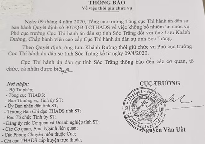 Thông báo của Cục THADS tỉnh Sóc Trăng gửi các cơ quan, banh ngành.