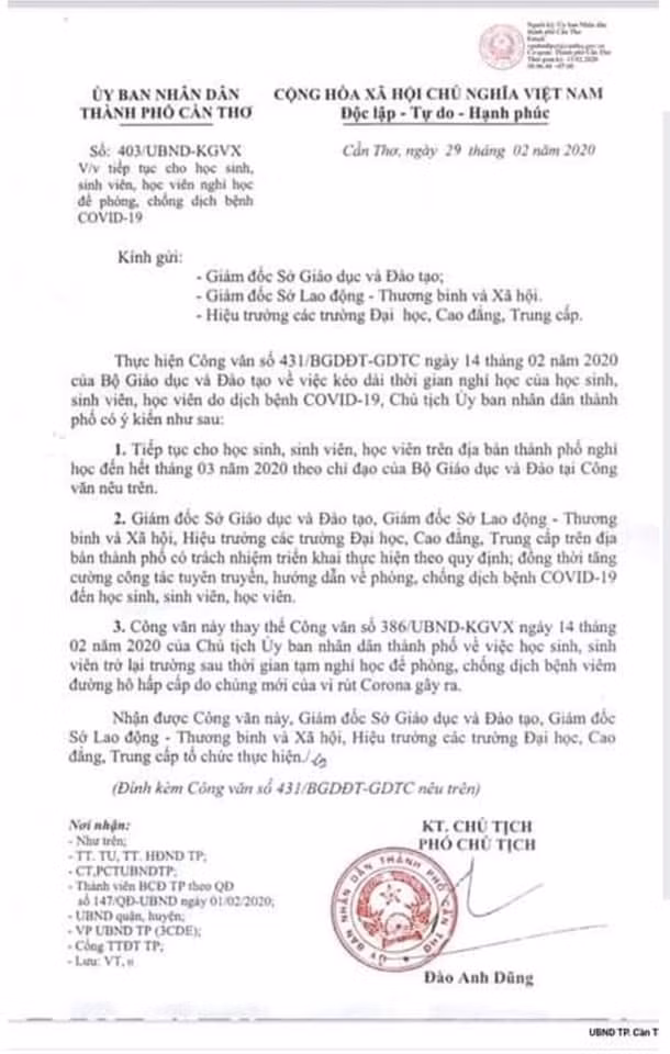 Công văn của UBND TP Cần Thơ mà H. tiến hành chỉnh sửa rồi tung lên mạng xã hội Zalo.
