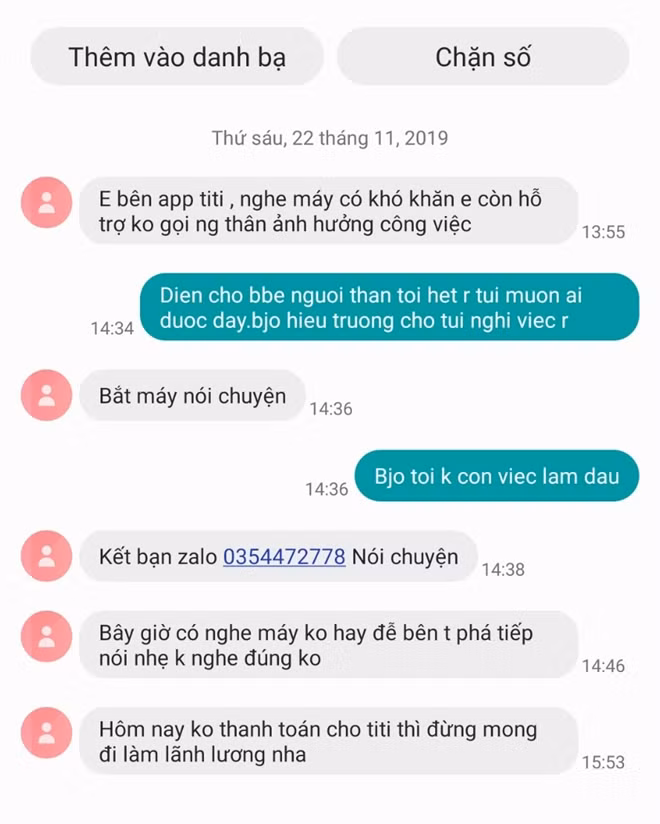 Tin nhắn đe dọa chị Lâm của đối tượng cho vay.