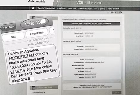 Tin nhắn giả dạng ngân hàng thông báo đã nhận được tiền dưới đầu số 190015xxx và tin nhắn ảnh chụp lệnh chuyển tiền giả được Tú chỉnh sửa rồi chụp màn hình gửi cho chủ hàng để lừa đảo.