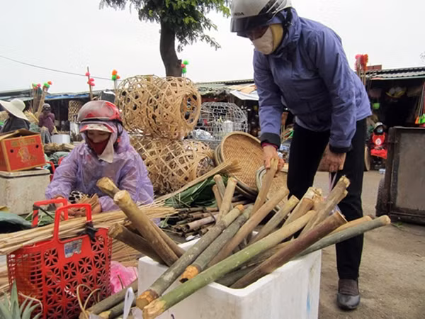 Nhiều người thích mua cả ống tre để về nhà tự chẻ lạt, gói bánh.