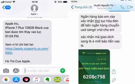 Hacker gửi tin nhắn có dòng ký tự “https” để bẫy nạn nhân truy cập vào trang web giả nhằm cướp tài khoản; Một đoạn chat mà đối tượng gửi cho bị hại để lừa đảo.