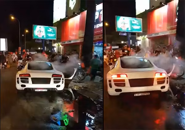 Hình ảnh chiếc Audi R8 bốc khói nghi ngút vì nẹt pô quá đà.