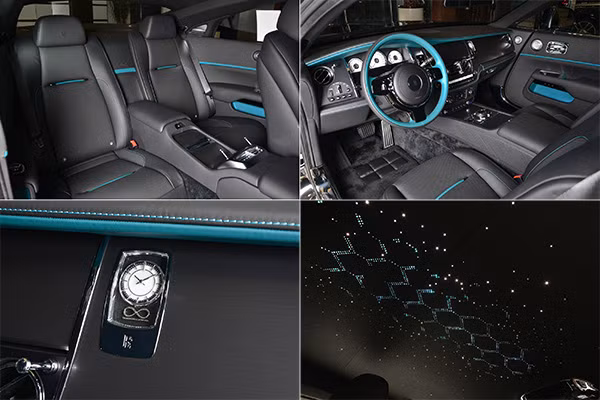 Thiết kế cabin, ghế sau xe Rolls-Royce Black Badge Wraith Adamas và đồng hồ gắn 88 viên kim cương cùng đèn trần sao trời , thêm đèn hình phân tử carbon.