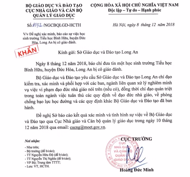 Công văn của Bộ GD&ĐT gửi Sở GD&ĐT Long An.