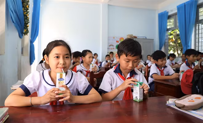 Các em học sinh mầm non, tiểu học tỉnh Bến Tre hiện đang được uống 3 hộp sữa/ngày theo chương trình Sữa học đường của tỉnh.