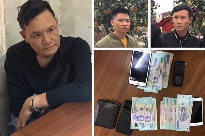 Đối tượng cầm đầu Lê Viết Dũng và Phạm Văn Tú và Nguyễn Văn Mạnh (ảnh nhỏ) cùng tang vật vụ án.