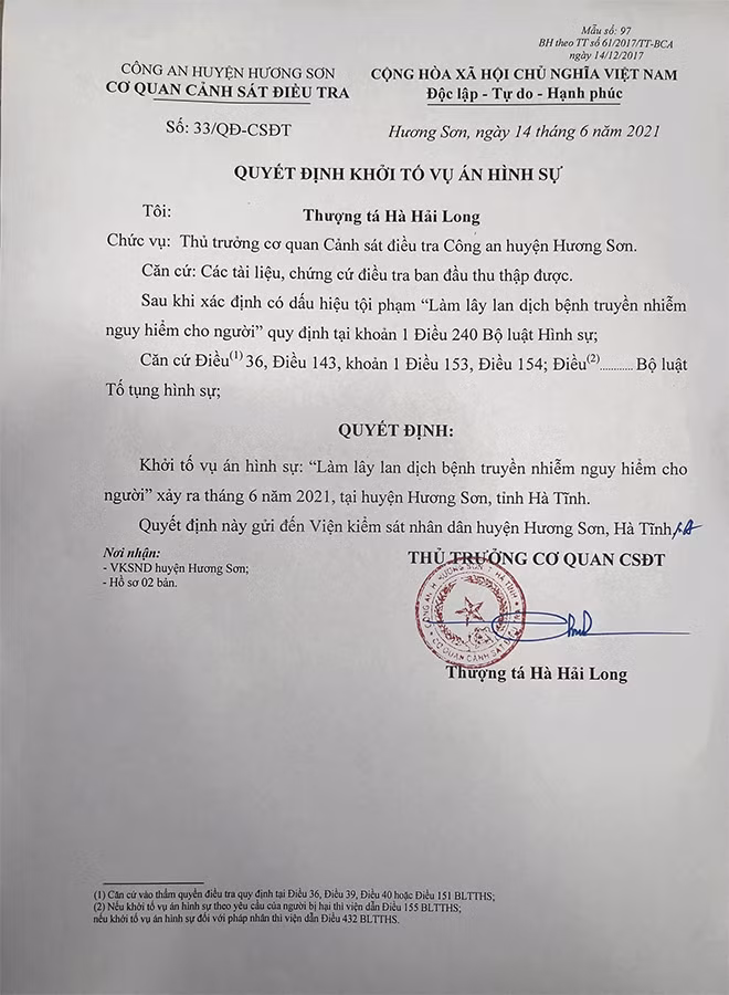 Quyết định khởi tố vụ án hình sự.