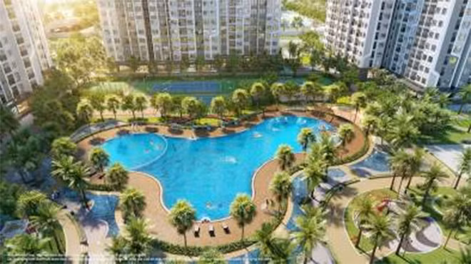 Bể bơi ngoài trời rộng hơn 1.000m² với những hàng cọ Mỹ, chà là rủ bóng mát ngay trong nội khu The Miami.