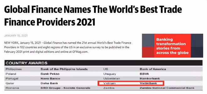 Ảnh: Global Finance công bố danh sách các Ngân hàng đạt giải năm 2021 trên Website chính thức