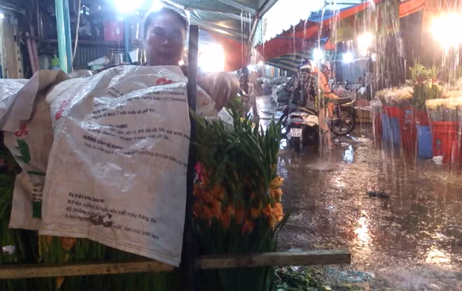 Một chủ cửa hàng hoa dùng bao che chắn cho hoa khi mưa vẫn chưa có dấu hiệu ngưng