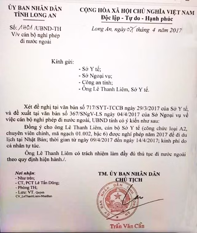 Văn bản của Chủ tịch UBND tỉnh chấp nhận cho ông Liêm được phép xuất cảnh