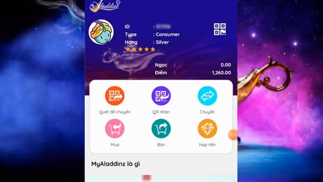 Ảnh chụp màn hình một tài khoản tham gia ứng dụng Myaladdinz