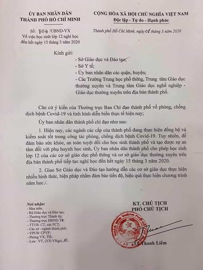 Công văn cho học sinh lớp 12 nghỉ học đến hết ngày 15/3