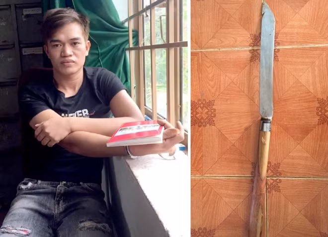 Đối tượng Nguyễn Quang Trung và hung khí chống trả lại lực lượng Công an (Ảnh: Văn Tuyên)