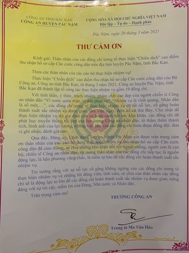 Thư cảm ơn thân nhân CBCS làm CCCD - Sáng kiến của Công an huyện Pác Nặm.