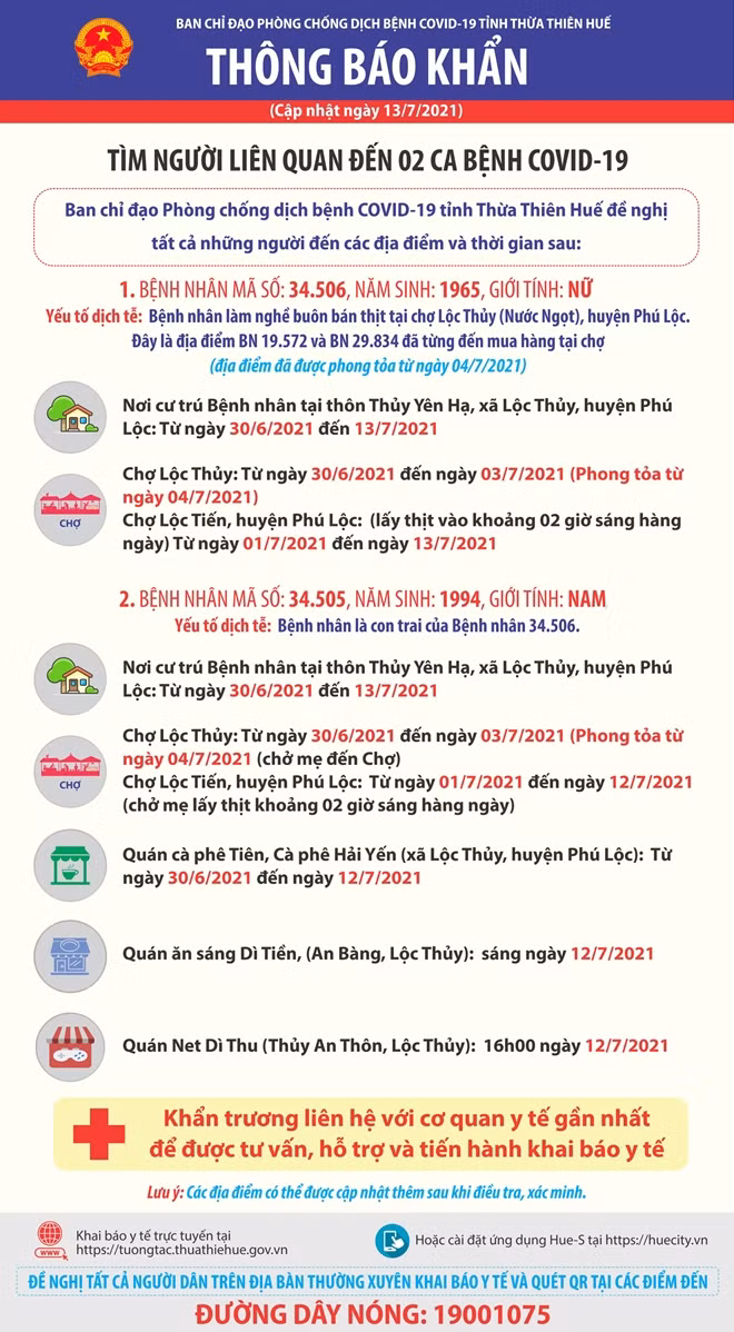 Thông báo khẩn của Ban CĐPCD COVID-19 tỉnh Thừa Thiên Huế tìm người liên quan đến 2 ca bệnh COVID-19 BN 34.506 và BN 34.505.