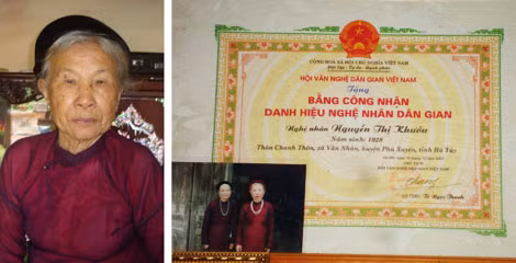 Nghệ nhân Nguyễn Thị Khướu và bằng chứng nhận Nghệ nhân dân gian của bà Khướu. Nghệ nhân Nguyễn Thị Khướu và bằng chứng nhận Nghệ nhân dân gian của bà Khướu.
