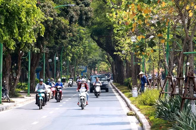 Đường Thanh Niên có lẽ là con đường xanh mát nhất Thủ đô trong những ngày này. Hàng cây lớn ven đường và gió mát từ hồ Tây và hồ Trúc Bạch khiến ai đi qua đây cũng cảm thấy như lạc vào một thế giới khác.