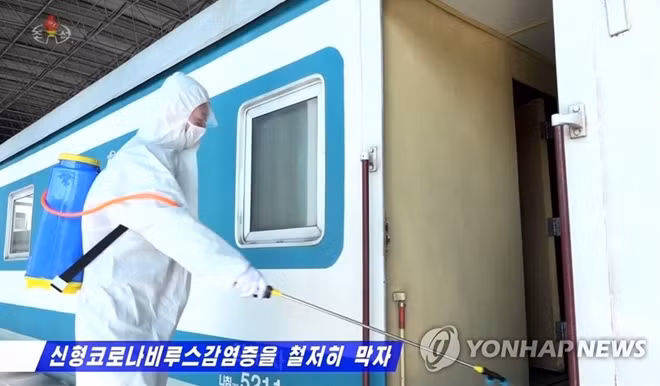 Một nhân viên Triều Tiên đang tiến hành khử trùng phương tiện công cộng. Ảnh: Yonhap