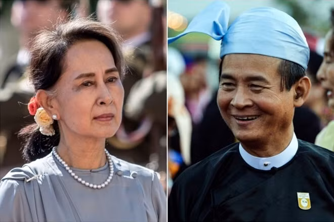 Nhà lãnh đạo Myanmar Aung San Suu Kyi và Tổng thống Win Myint bị bắt trong cuộc đột kích rạng sáng 1/2. Ảnh: EPA