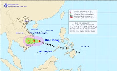 Bão số 4 đang cách bờ biển Phú Yên - Khánh Hoà 210 km.