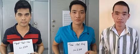 Từ trái qua: Nguyễn Thanh Nhàn (tức Hưng - kẻ liên lạc thuê dũng mượt giúp vợ chồng bà Danh), Trần Đức Quý và Nguyễn Minh Đức.