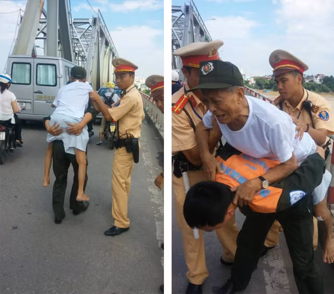Cụ Nguyễn Văn Tuất được các chiến sĩ CA Đội CSGT số 5 kịp thời cứu khi có ý định lên cầu Chương Dương tự tử. Cụ Nguyễn Văn Tuất được các chiến sĩ CA Đội CSGT số 5 kịp thời cứu khi có ý định lên cầu Chương Dương tự tử.