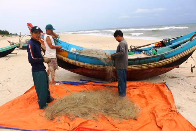 Những ngư dân đang thu lượm mẻ lưới cuối cùng để chuẩn bị nghỉ biển tránh trú bão số 10.
