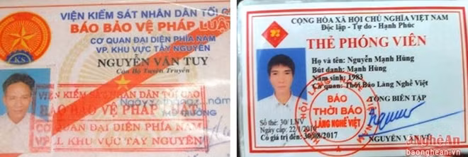 Những mẫu "thẻ phóng viên" sai quy định, quy chuẩn được cấp cho những đối tượng có biểu hiện vi phạm pháp luật.