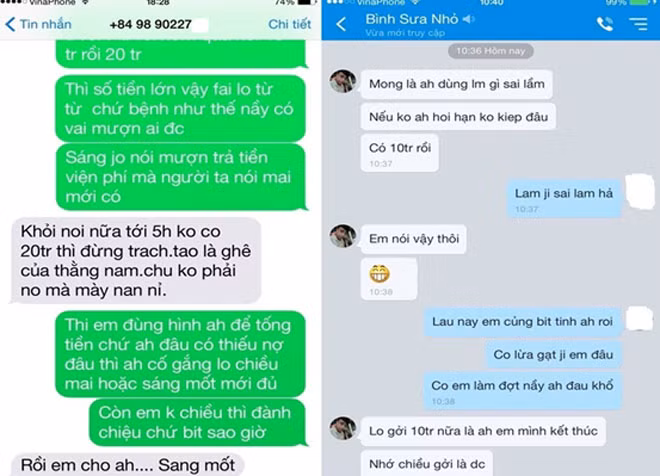 Tin nhắn yêu cầu chuyển tiền, đe dọa, hứa hẹn của Nam.