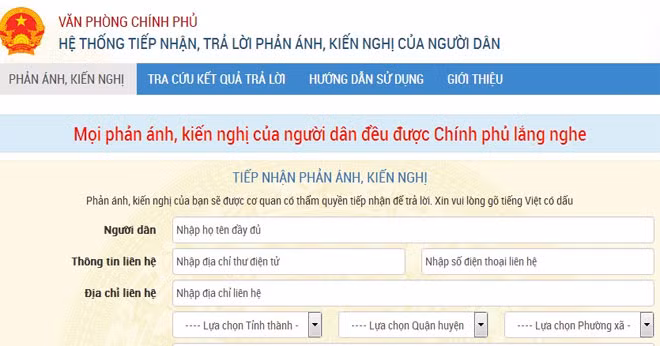 Hệ thống tiếp nhận, trả lời phản ánh, kiến nghị của người dân - Ảnh chụp màn hình. Hệ thống tiếp nhận, trả lời phản ánh, kiến nghị của người dân - Ảnh chụp màn hình.