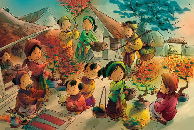 Chợ Tết quê. Tranh: HuyCK.