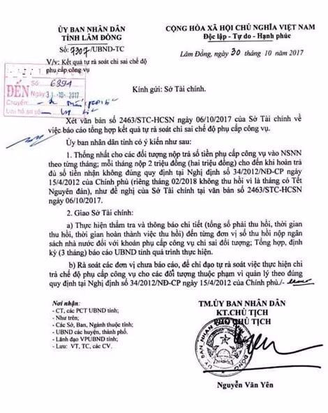 Văn bản thống nhất thu hồi mỗi tháng 2 triệu đồng đối với người lao động đã nhận sai tiền phụ cấp công vụ của UBND tỉnh Lâm Đồng.