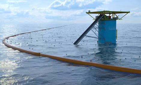 Ảnh mô phỏng hàng rào cao su thu gom rác nhựa trôi nổi trên Thái Bình Dương. Ảnh: Ocean Cleanup.