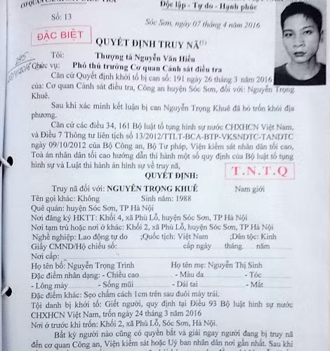 Lệnh truy nã Nguyễn Trọng Khuê. Lệnh truy nã Nguyễn Trọng Khuê.