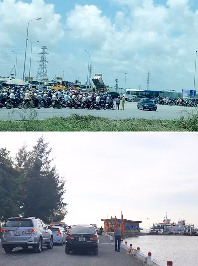 Du khách và các phương tiện xếp hàng chờ qua phà Gót.