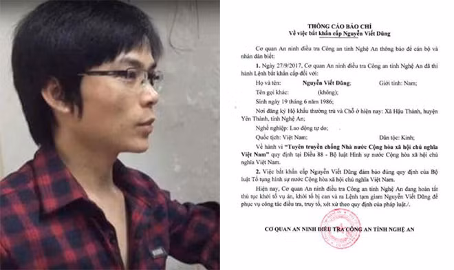 Đối tượng Nguyễn Viết Dũng và thông cáo báo chí về việc bắt khẩn cấp đối tượng của Công an Nghệ An.