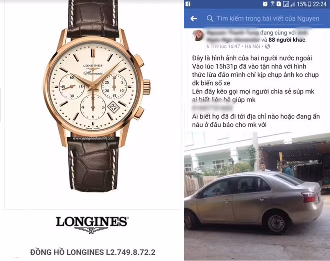 Hình ảnh chiếc đồng hồ hiệu Longines trị giá hơn 238 triệu đồng bị đánh cắp (Ảnh trái). Thông tin vụ việc được đăng tải trên mạng FB tối 10-9 (Ảnh phải).
