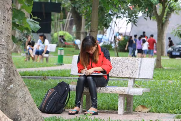 Hai bạn trẻ ngồi đọc sách ngoài công viên.